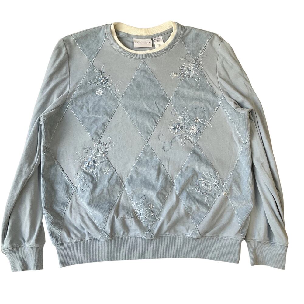 Alfred Dunner Women Sweatshirt Size M Light Blue Floral Embroidery Argyle Beaded